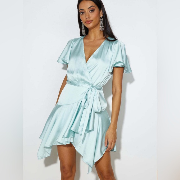 Oh Polly Silk Wrap Mini Dress Green - Picture 1 of 6